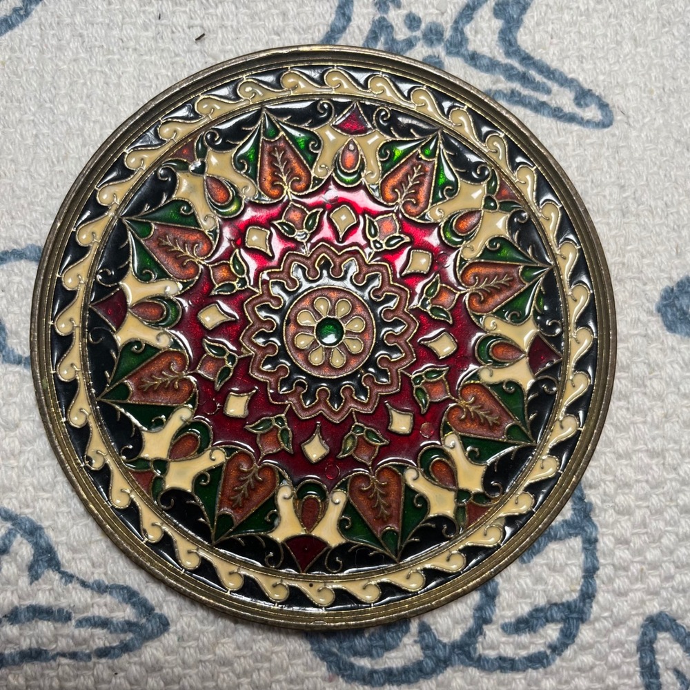 Vintage Byzantine Mosaic Enamel Solid Brass Wall Plate Handmade Greece 5.25in